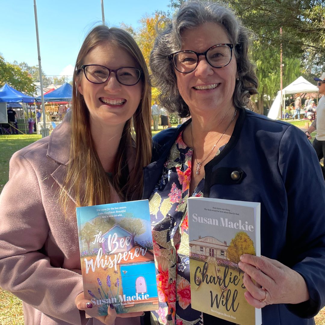 Melanie Hunter and Susan Mackie at launch of The Bee Whisperer