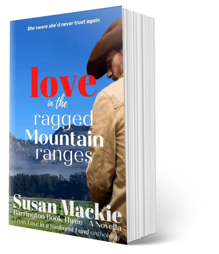 Paperback image of Love in the Ragged Mountain Ranges with moutains in background and cowboy sitting on fence in foreground.