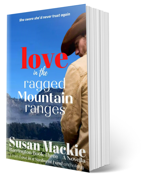 Paperback image of Love in the Ragged Mountain Ranges with moutains in background and cowboy sitting on fence in foreground.