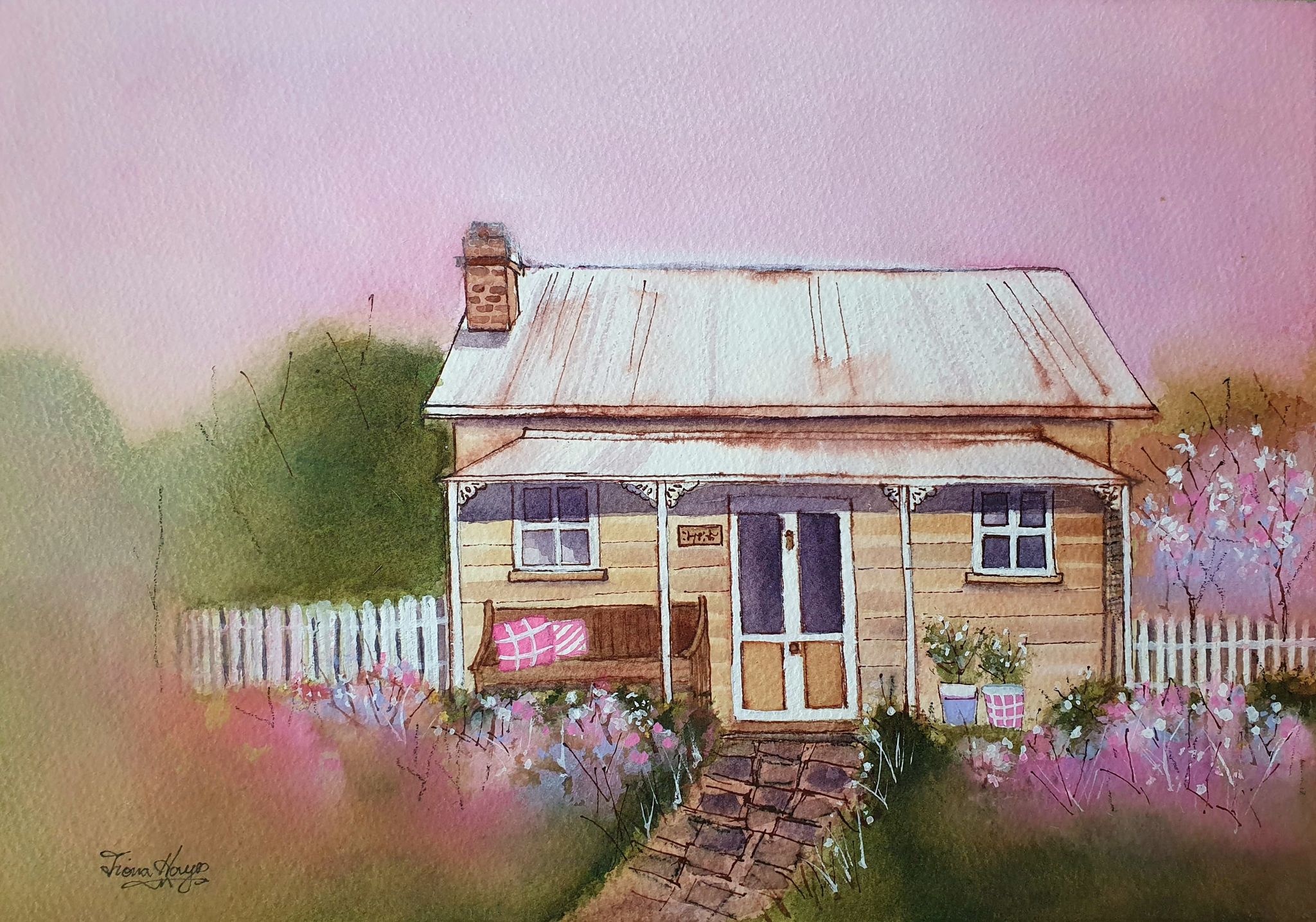 Watercolour painting of timber cottage by Fiona Hayes Art for a Susan Mackie author book.