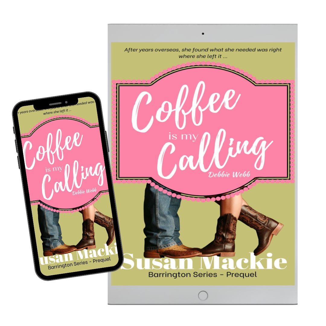 ebook and iphone image of Coffee is my Calling - two sets of cowboy boots (male and female) standing on author's name. Pale green and pink.