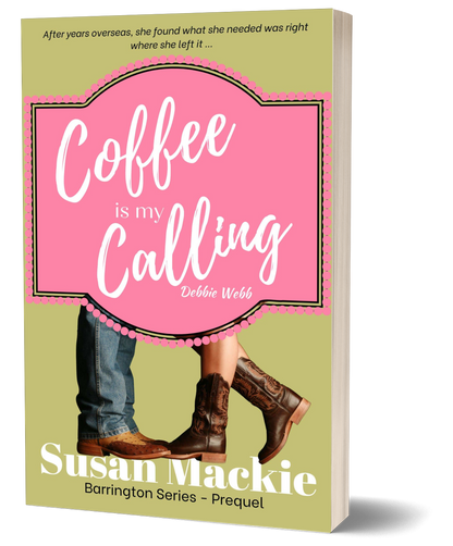 Image of small town romance paperback in pale green with title in white on pink background and legs of cowboy and cowgirl standing on author's name.