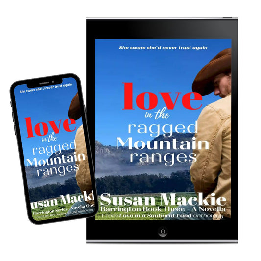 ebook and iphone image of cover of Love in the Ragged Mountain Ranges with mountain background and cowboy on fence in foreground.