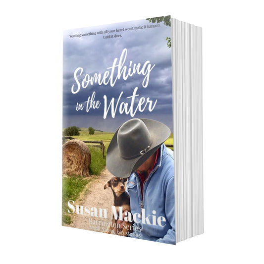 Book cover of 'Something in the Water' by Susan Mackie with a man and dog on a rural background.