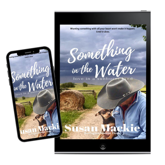 ebook and iphone image of Something in the Water with rural background and cowboy and young dog in foreground.